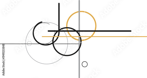 A modern geometric abstract art piece featuring intersecting lines and circles in black, gray, and yellow hues.
