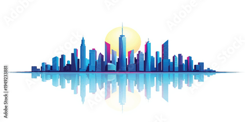 An abstract vector silhouette of a modern city skyline features skyscraper architecture and downtown buildings reflected in a night cityscape panorama