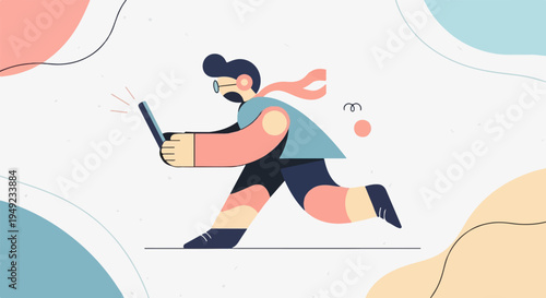 Animated character in motion, holding a device, with flowing scarf and abstract background