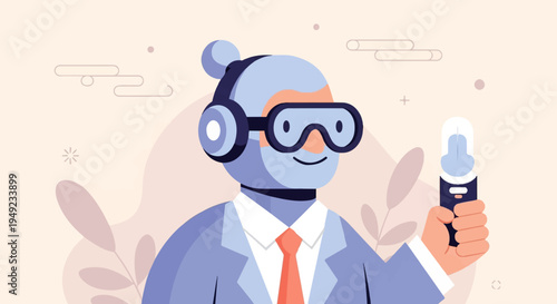 Animated character in suit, headset, and goggles holds device
