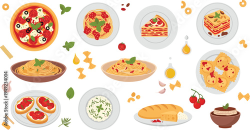 Italian Cuisine Food Collection with Pizza, Spaghetti, Lasagna, Ravioli, Pasta, Risotto, Bruschetta and Bread Cartoon Vector Illustration Set.