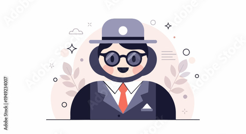 Animated character wearing hat, glasses, suit, and tie against soft background