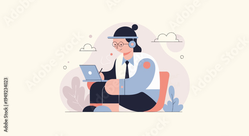 A stylized person wearing headphones and glasses uses a laptop