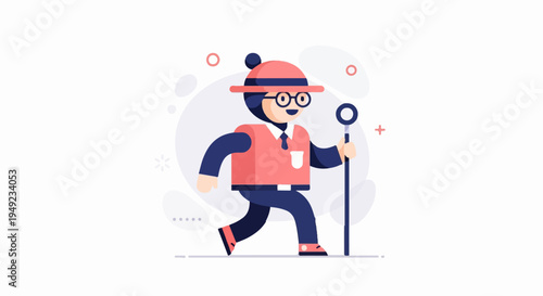 Animated character with a hat, glasses, and cane walks