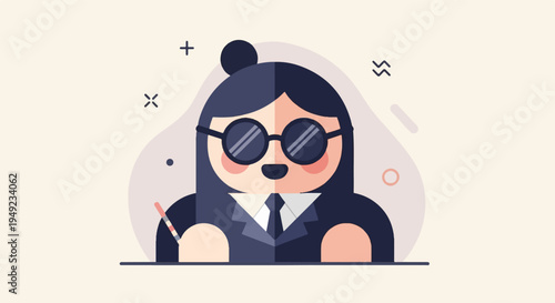 A stylized person with dark hair, glasses, and a suit, holding a pencil