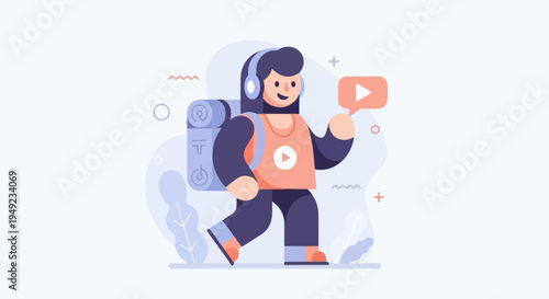 Animated character with backpack and headphones, holding play button