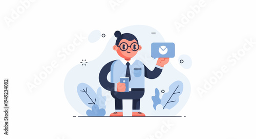 A stylized person with glasses and a bun holds a phone and speech bubble with a chart