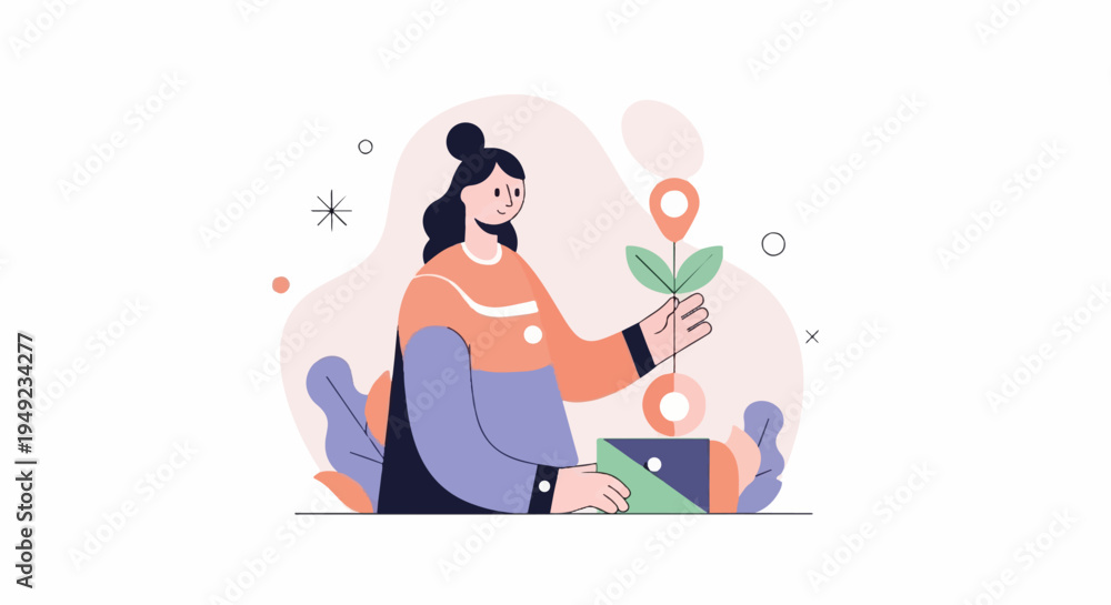 Obraz premium A woman holds a growing plant with location markers, symbolizing growth and navigation