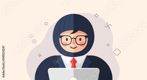 A stylized hacker wearing a balaclava, glasses, and suit, using a laptop