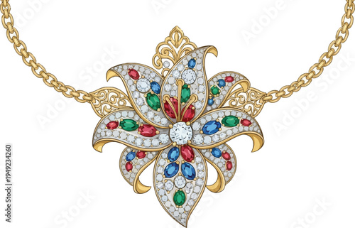 A beautiful gold necklace with a flower-shaped pendant adorned with colorful gemstones and diamonds