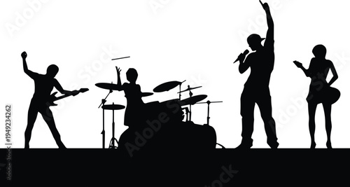 Music band silhouettes, live concert performance, guitarist, drummer, singer, bass player, stage show, rock band illustration, entertainment, energy, art