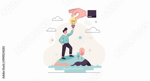 A stylized hand offers a lightbulb to a man on an island