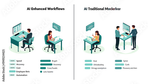 This illustration depicts a modern office setting with a focus on automation and efficiency. Ideal for conveying themes of streamlining workflows and 