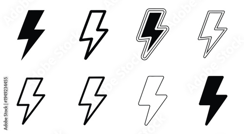 Lightning bolt icons in various orientations, dynamic thunderbolt symbol set with multiple positions and angles, vector illustration for electricity power signs, energy concepts and modern graphic des