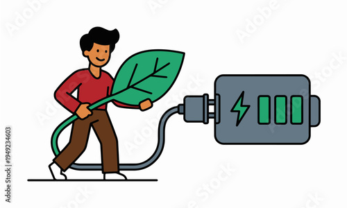 Minimalist Illustration of a Person Charging a Battery with a Green Leaf Symbol