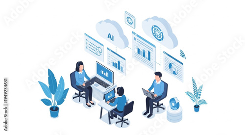Isometric View of Data Scientists Collaborating on Cloud Computing Solutions.