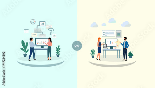 A calm and minimalist illustration depicting a professional working at a desk. Perfect for use in articles or websites related to remote work, technol