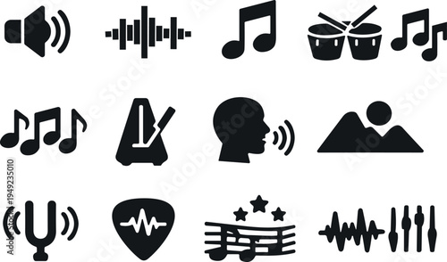 Music and sound icons, audio wave symbols, instrument silhouettes, voice illustration, mixer sliders, equalizer bars, tuning fork, guitar pick vector set