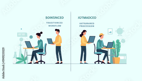 A minimalist illustration depicting a person working remotely with a laptop, ideal for concepts like digital nomadism, flexible work, or modern office