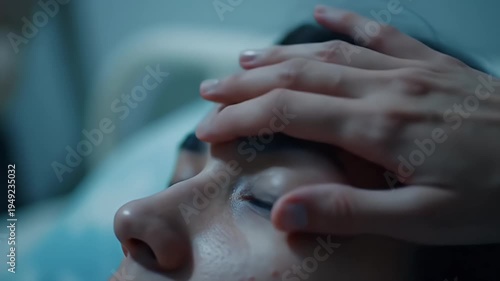Close Up Of Caring Hand Gently Touching Forehead Of Unconscious Person Lying Down In Hospital Bed With Soft Blue Lighting Atmospheric And Emotional Mood During Daytime With Shallow Depth Of Field