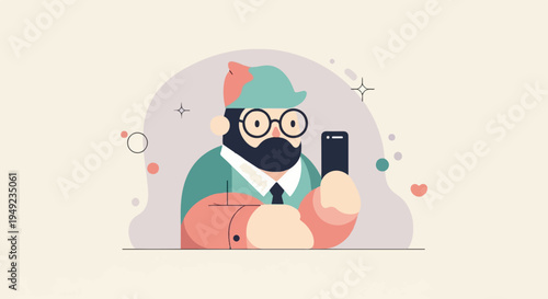 A stylized figure with a beard, glasses, and hat taking a selfie with a phone