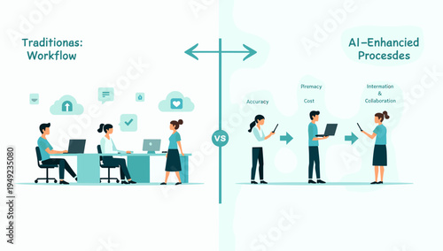 This illustration depicts a productive team working together using modern technology. Ideal for concepts about remote work, digital transformation, an