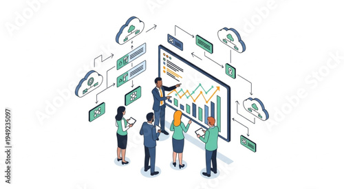 Team Analyzing Data on a Large Screen with Cloud Connections.