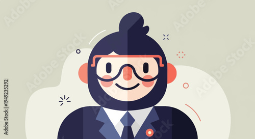 A stylized, friendly character in a suit with glasses and a bun