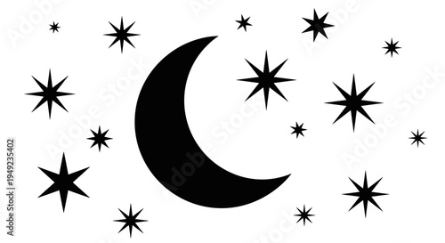 Crescent Moon and Stars Illustration.