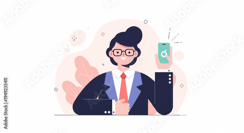 A smiling person in a suit holds up a smartphone with a stylized icon