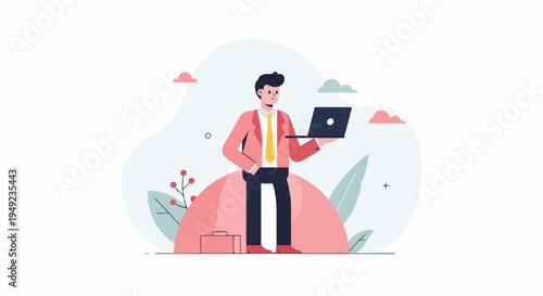 A smiling person in a suit stands on a pink mound holding a laptop