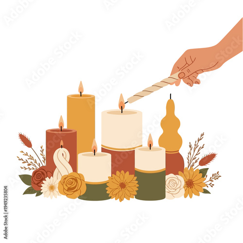 Candle Hand Lighting Several Candles Surrounded by Fall Florals