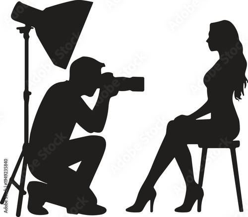 Photographer shooting model, studio light setup, professional photo session, fashion photography silhouette, creative portrait illustration, camera tripod, high heels vector design