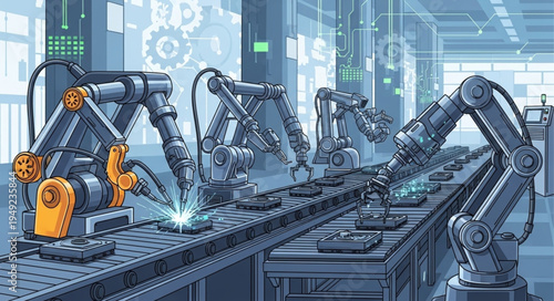 Robotic Arms Working on an Assembly Line in a Factory.