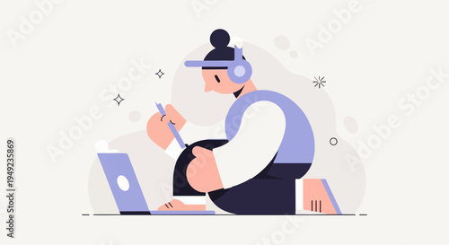 A person wearing headphones works on a laptop with a stylus