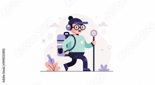 A person with a backpack and walking stick, wearing a cap and glasses
