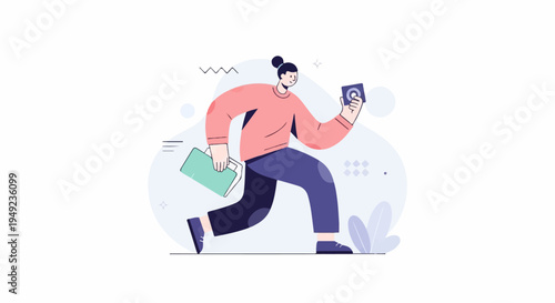 A person with a briefcase and a device running forward