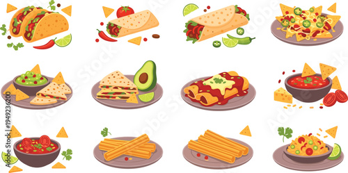 Mexican Food Collection with Tacos, Burritos, Nachos, Quesadillas, Enchiladas, Guacamole, Salsa and Churros Traditional Cuisine Vector Illustration Set.