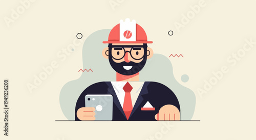A man in a suit and hard hat holds a smartphone, digital art