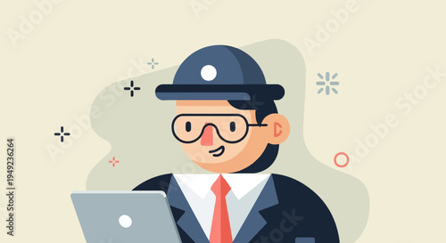 A man in a suit and hat smiles while working on a laptop