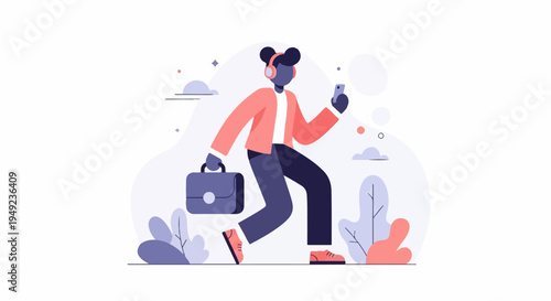 A person in headphones walks with a briefcase and phone