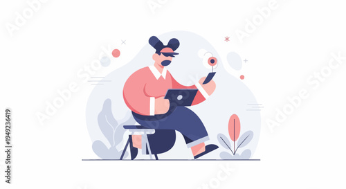 A person in pink top and blue pants uses a tablet and phone