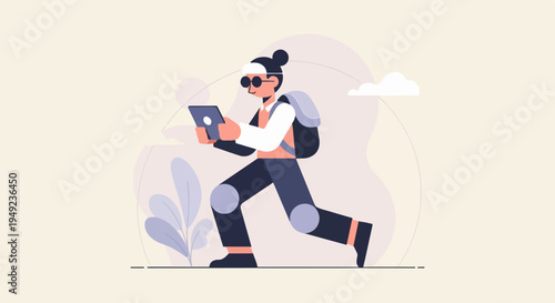 A person in sunglasses and backpack walks while holding a tablet