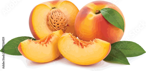 Fresh Peaches with Green Leaves on White Background