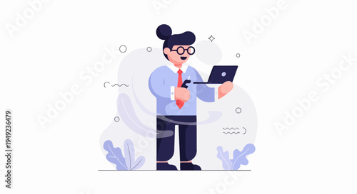 A person in business attire holds a laptop and a stylus