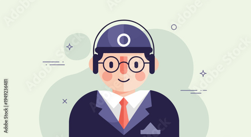A flat, minimalist illustration of a person wearing a suit, tie, and headphones