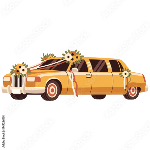 Wedding Limousine Car Decorated with Flowers and Ribbons