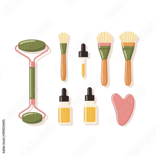 Skincare and Beauty Collection with Jade Roller Gua Sha Makeup Brushes Serum