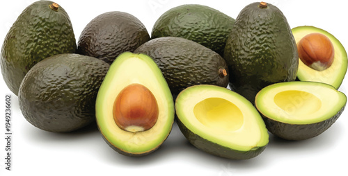Avocados Whole and Halved on White Background