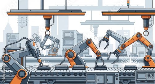 Automated Robotic Arms Working on a Factory Assembly Line.